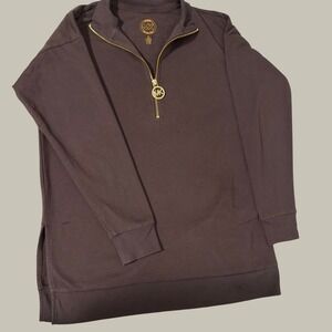 Michael Kors Womens Quarter Zip Sweatshirt Chocolate Brown Gold Logo XS